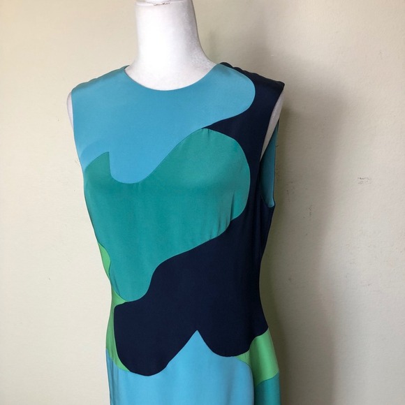 Lela Rose Silk Dress Size 10 Sleeveless Sheath Blue Green Abstract Cocktail - Picture 8 of 16